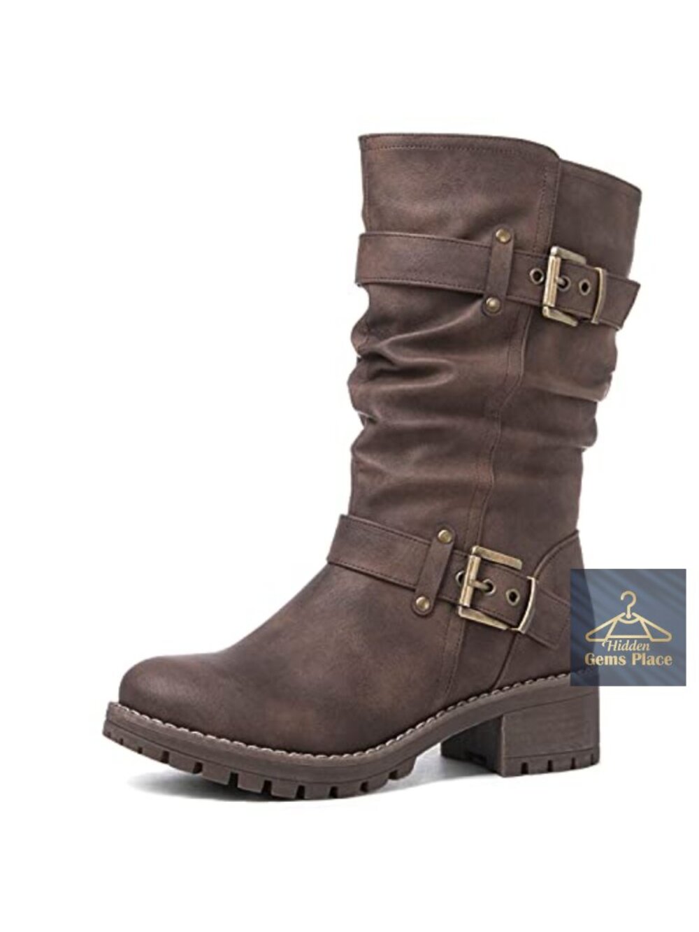 Faux Leather Mid Calf Combat Boots Low Block Heel Buckle Moto Biker